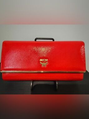 MCM Red Patent Leather Long Ivanna Bloom Wallet with Front Gold Trim